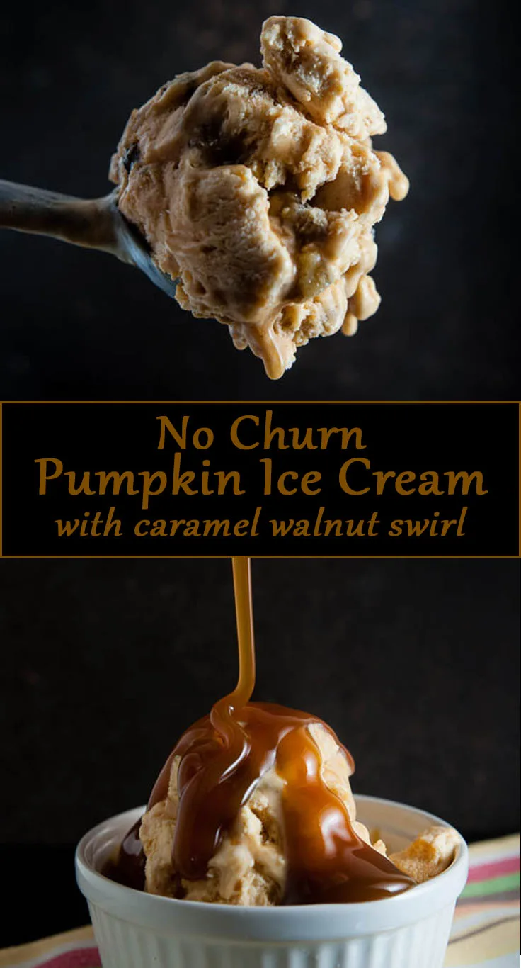 No Churn Pumpkin Ice Cream with Caramel Walnut Swirl