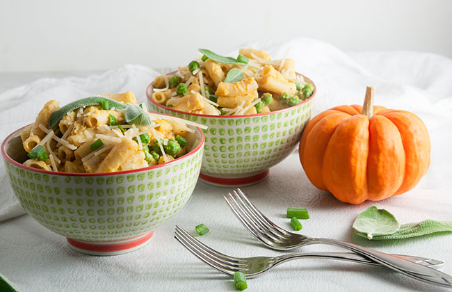 Pumpkin Penne with Peas, Parmesan, and Sage