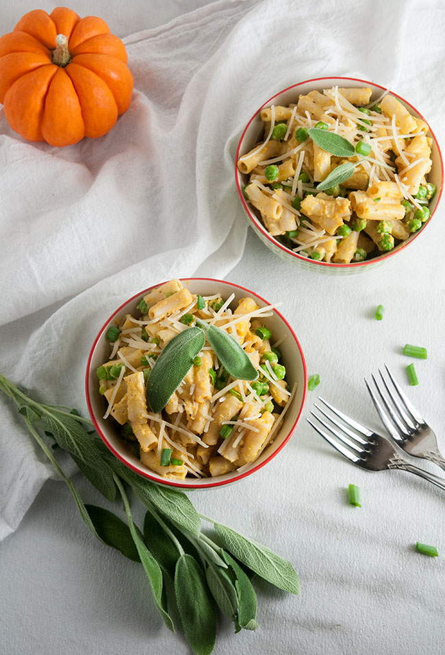 Pumpkin Penne with Peas, Parmesan, and Sage