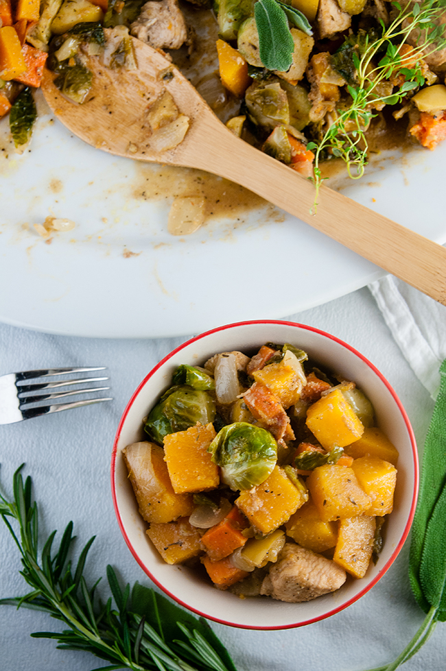 Autumn Chicken Skillet with Brussel Sprouts, Sweet Potatoes, Butternut Squash, and Apples in Apple Cider Pan Sauce