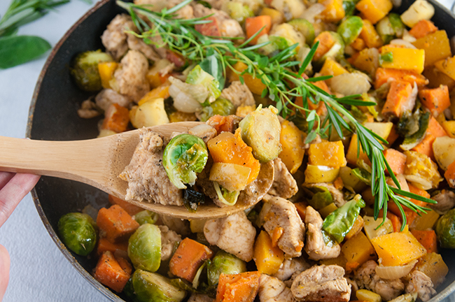 Autumn Chicken Skillet with Brussel Sprouts, Sweet Potatoes, Butternut Squash, and Apples in Apple Cider Pan Sauce