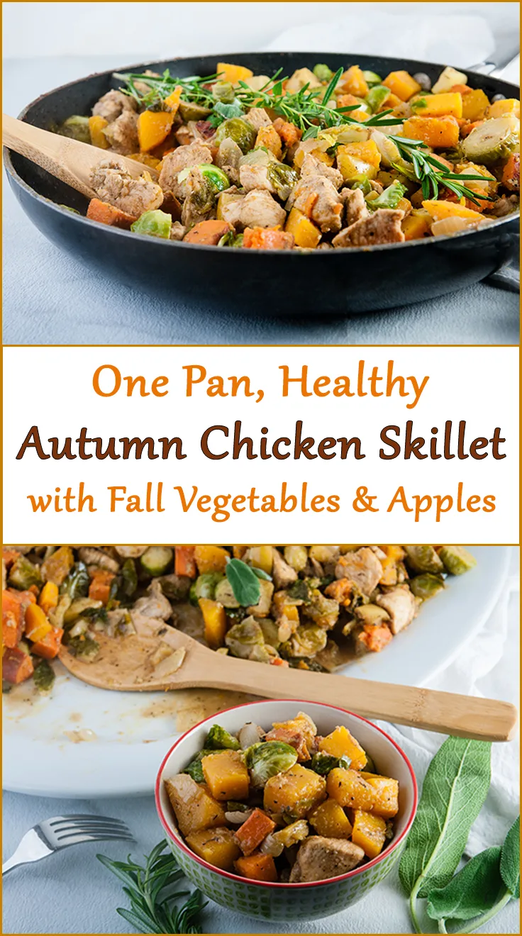 Healthy Autumn Chicken Skillet with Brussel Sprouts, Sweet Potatoes, Butternut Squash, and Apples in Apple Cider Pan Sauce from www.SeasonedSprinkles.com