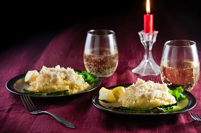The perfect romantic meal for two: crab risotto with asparagus