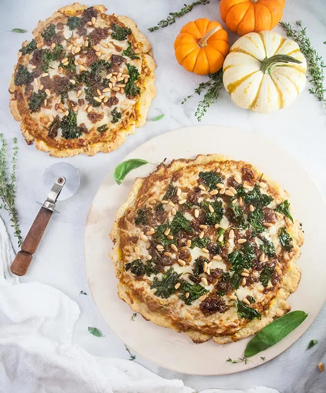 Pumpkin Parmesan Pizza with Brown Butter Caramelized Onions and Kale