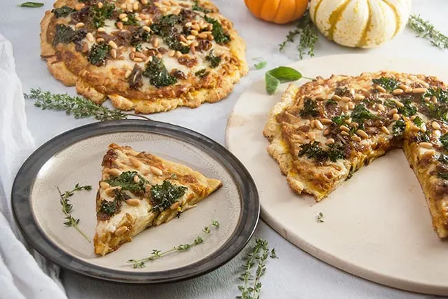 Pumpkin Parmesan Pizza with Brown Butter Caramelized Onions and Kale