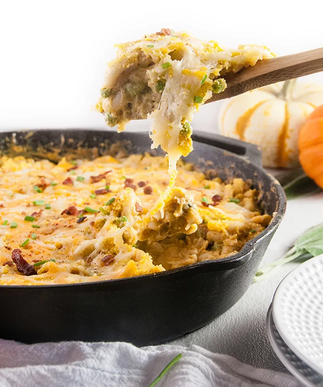 Pumpkin Macaroni and Cheese with Pancetta and Peas