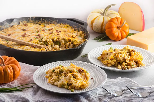 Pumpkin Macaroni and Cheese with Pancetta and Peas