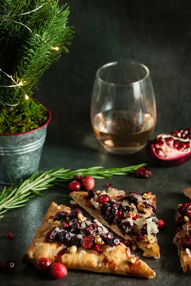Holiday Goat Cheese Flatbread with Honey Balsamic Cranberries and Pomegranate 