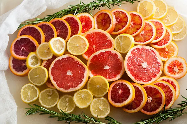 Slices of grapefruit, lemon, and blood oranges