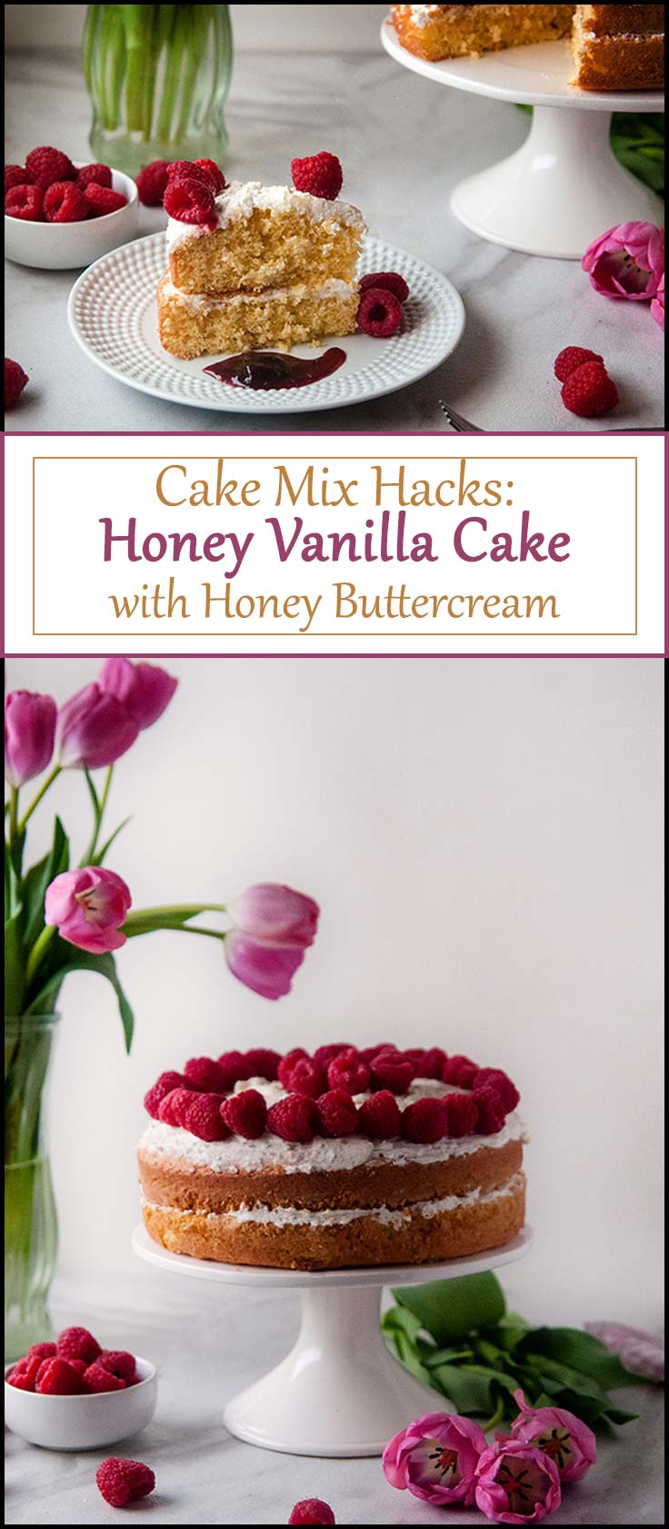 Cake Mix Hacks: Honey Vanilla Cake with Honey Buttercream is an easy springtime cake that makes the perfect easy dessert recipe for any occassion from www.seasonedsprinkles.com