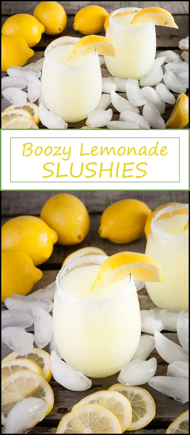 Drink recipe for boozy lemonade slushies with frozen lemonade, limoncello, and citrus vodka from www.seasonedsprinkles.com