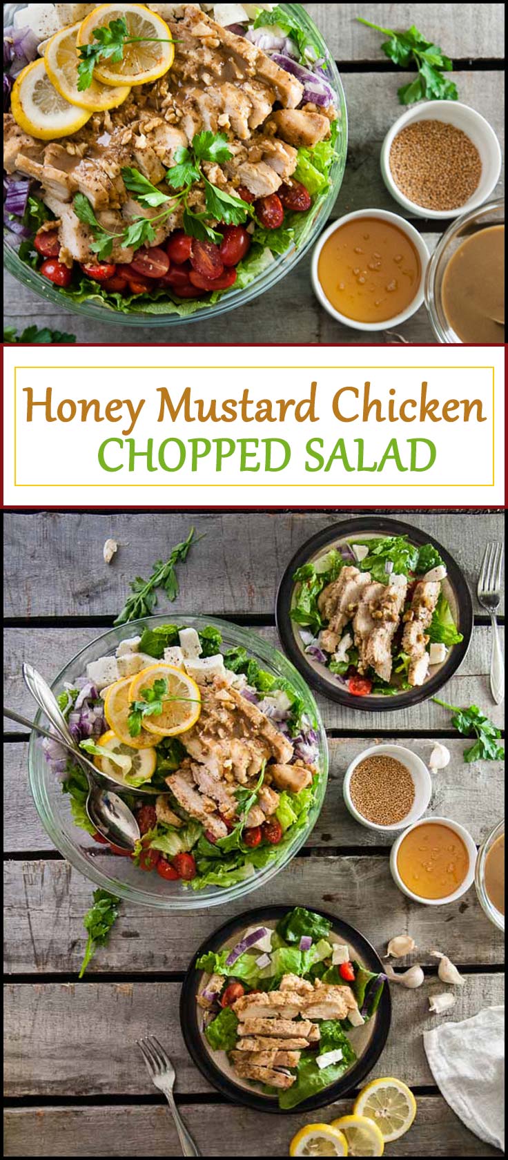 Honey Mustard Chicken Chopped Salad is a flavorful, healthy chicken recipe that tastes delicious over crisp salad for lunch or dinner from www.seasonedsprinkles.com