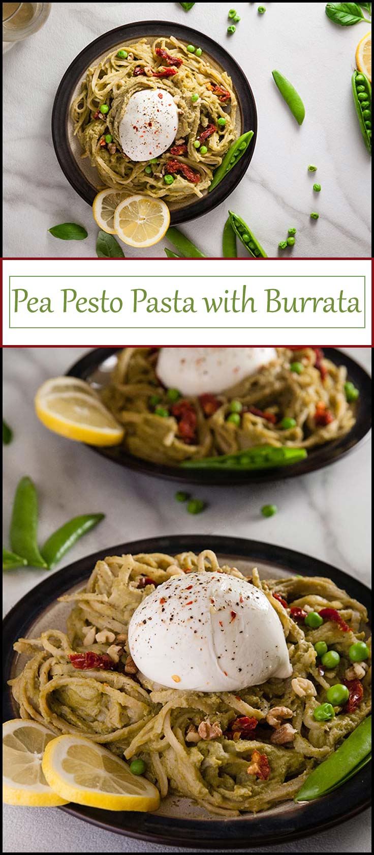 Pea Pesto Pasta with burrata is ready in 20 minutes and makes a perfect spring dinner from www.seasonedsprinkles.com