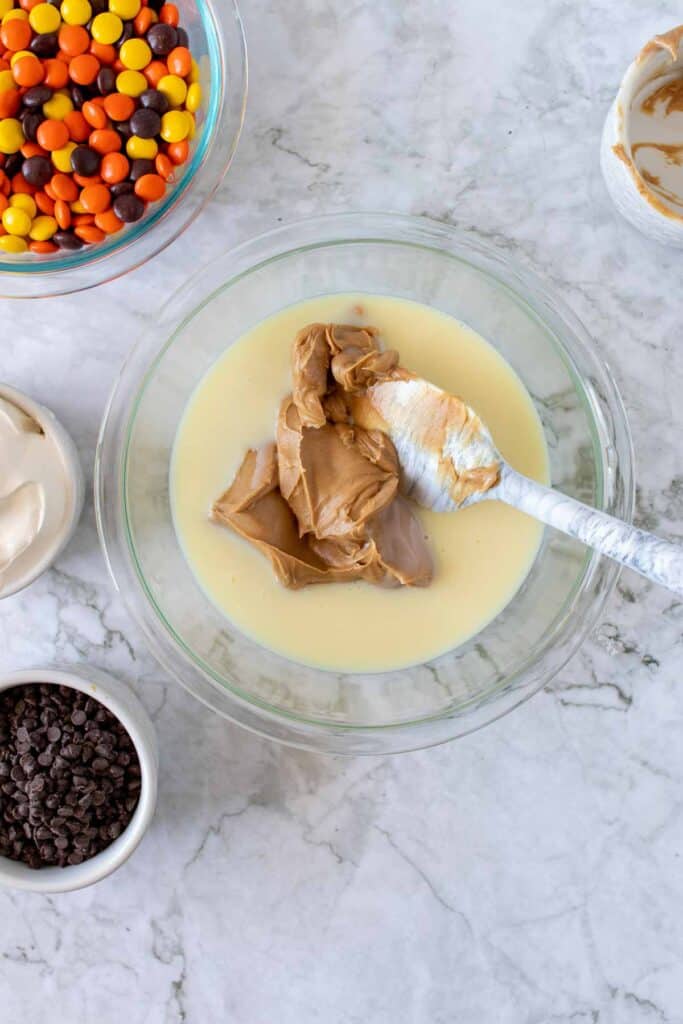Ingredients for Peanut Butter Pie: Peanut Butter, Candy, Sweetened Condensed Milk, Cool Whip, Pie Crust,