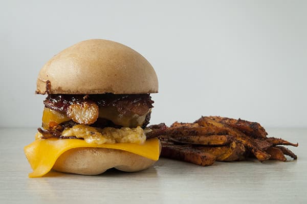 Easy Spicy Sweet Potato Fries are the perfect side for these Bacon and Cheese Stuffed Bacon Burgers.
