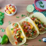 Blackened Shrimp Tacos with Peach Salsa and Coconut Crema