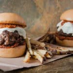 Mozzarella Stuffed Meatball Burgers with Garlic Parmesan Oven Fries