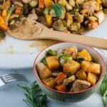 Autumn Chicken Skillet with Brussel Sprouts, Sweet Potatoes, Butternut Squash, and Apples in Apple Cider Pan Sauce