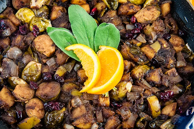 Orange Balsamic Fall Vegetable Skillet with butternut squash, Brussels sprouts, and apples.

