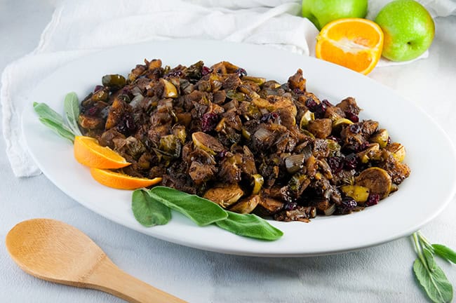 Orange Balsamic Fall Vegetable Skillet with butternut squash, Brussels sprouts, and apples.

