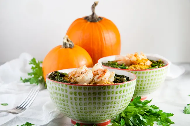 Pumpkin Parmesan Quinoa with Shrimp and Asparagus