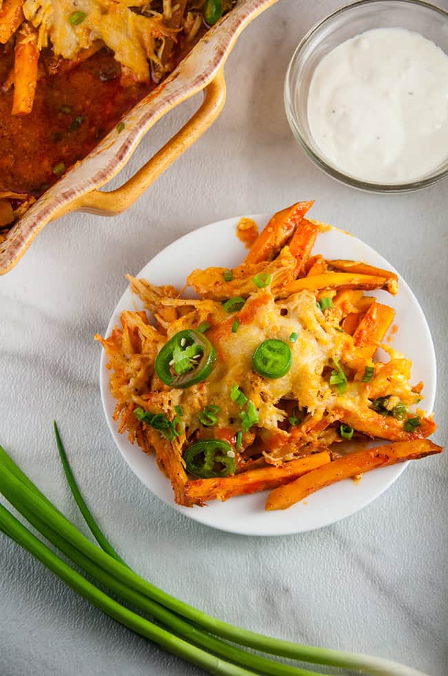 Buffalo Chicken Sweet Potato Cheese Fries