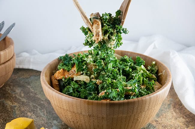 Buffalo Chicken Caesar Salad with Kale and Parmesan Cheese Crisps