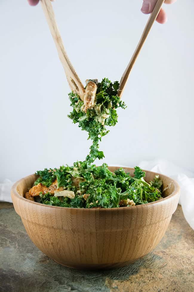 Buffalo Chicken Caesar Salad with Kale and Parmesan Cheese Crisps