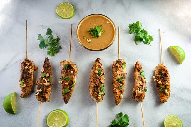 Thai Chicken Satay Skewers with Curry Peanut Dipping Sauce