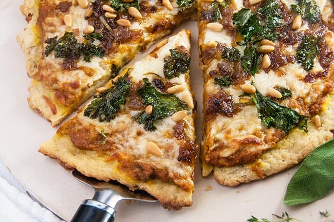 Pumpkin Parmesan Pizza with Brown Butter Caramelized Onions and Kale