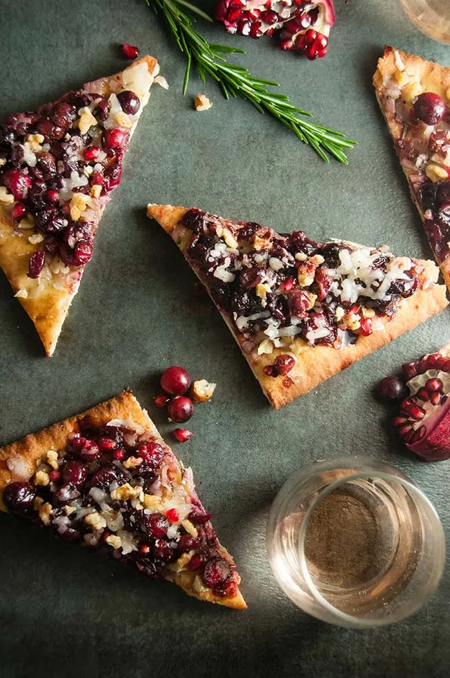 Holiday Goat Cheese Flatbread with Honey Balsamic Cranberries and Pomegranate