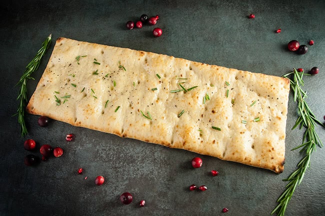 Holiday Goat Cheese Flatbread with Honey Balsamic Cranberries and Pomegranate