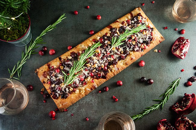 Holiday Goat Cheese Flatbread with Honey Balsamic Cranberries and Pomegranate