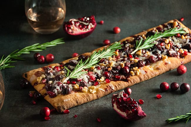 Holiday Goat Cheese Flatbread with Honey Balsamic Cranberries and Pomegranate