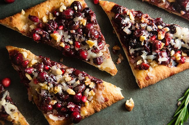 Holiday Goat Cheese Flatbread with Honey Balsamic Cranberries and Pomegranate