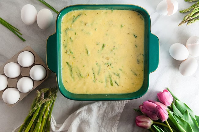 Cheesy Asparagus Frittata ready for the oven