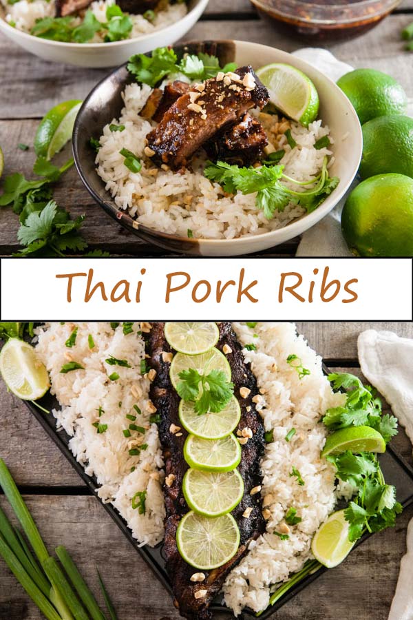 Flavorful grilled Thai pork ribs with a side of coconut rice from www.seasonedsprinkles.com Perfect for summer barbecues and entertaining