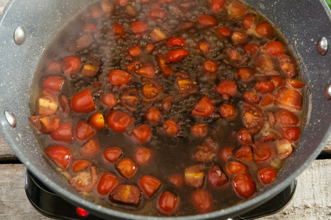 Cooking tomatoes for Buttered Balsamic Blistered Tomato Pasta