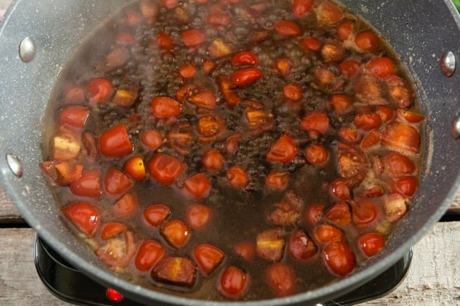 Cooking tomatoes for Buttered Balsamic Blistered Tomato Pasta