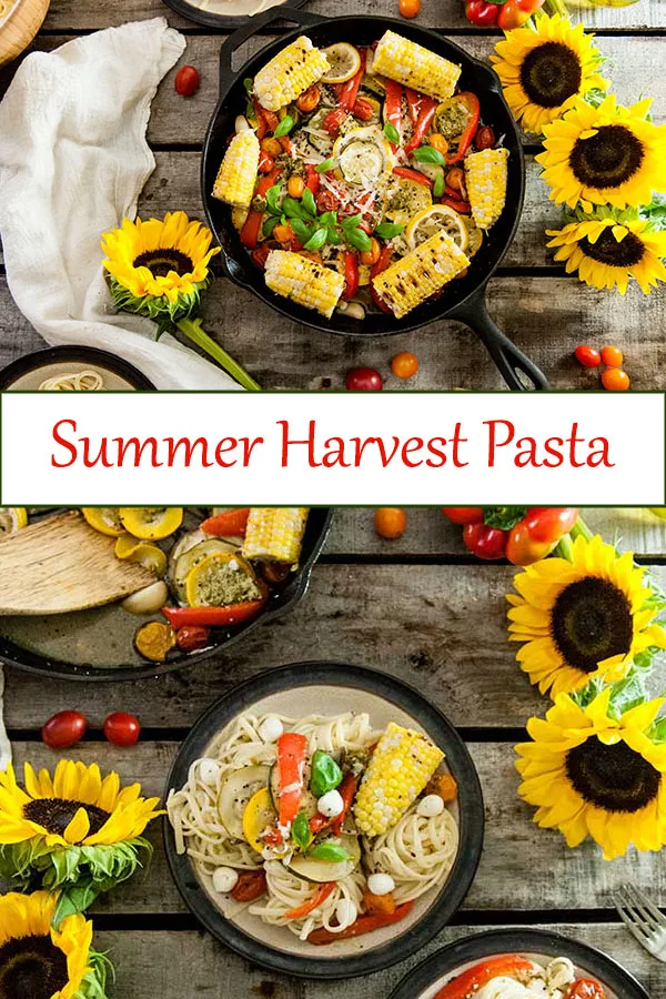 End of Summer Harvest Pasta is the perfect vegetarian summer pasta recipe full of zucchini, eggplant, bell peppers, corn, and tomatoes. The perfect vegetarian summer dinner recipe from www.seasonedsprinkles.com