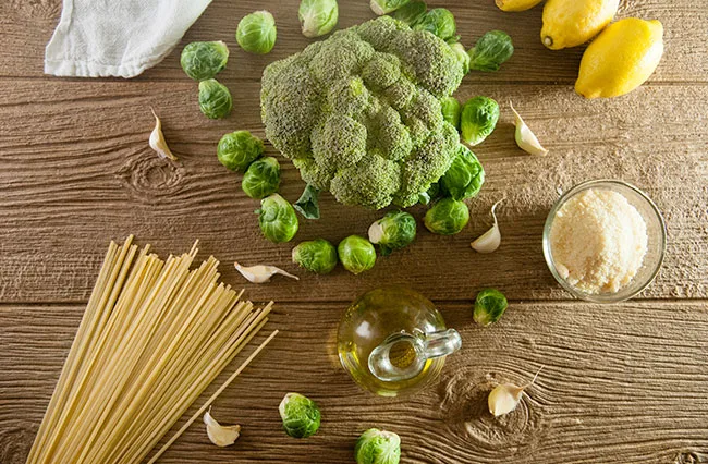 pasta with broccoli, brussel sprouts, garlic, and olive oil