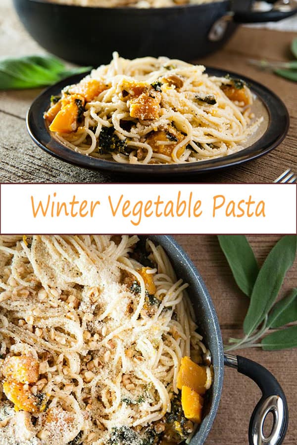 Loaded with butternut squash, kale, mushrooms, and walnuts, this winter vegetable pasta is a great cooler weather vegetarian dinner recipe from www.SeasonedSprinkles.com