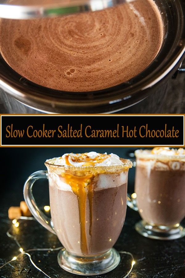 Slow Cooker Salted Caramel Hot Chocolate is an easy, decadent hot cocoa recipe perfect for the holidays and all winter long from www.SeasonedSprinkles.com