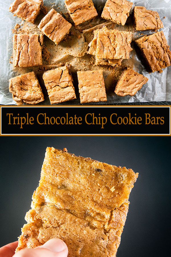 Triple Chocolate Chip Cookie Bars are an easy alternative to chocolate chip cookies. Perfect recipe for holiday dessert. from www.SeasonedSprinkles.com