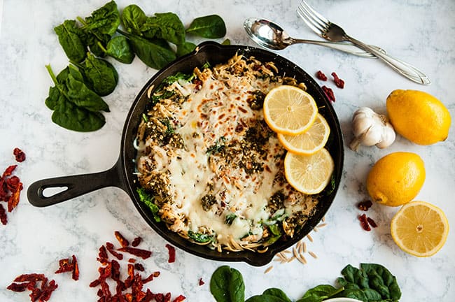 Quick Lemon Pesto Chicken and Orzo Skillet