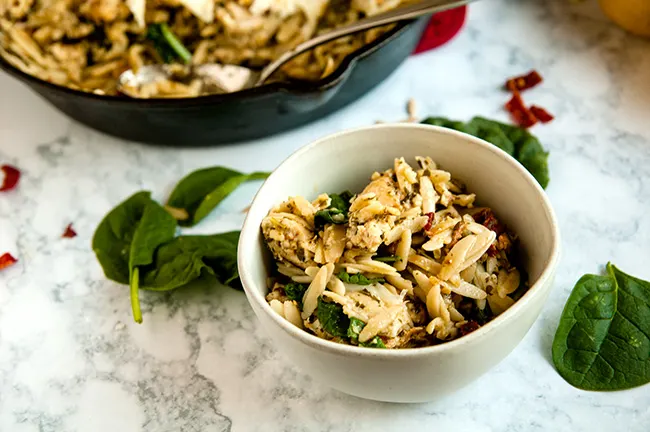 Quick Lemon Pesto Chicken and Orzo Skillet