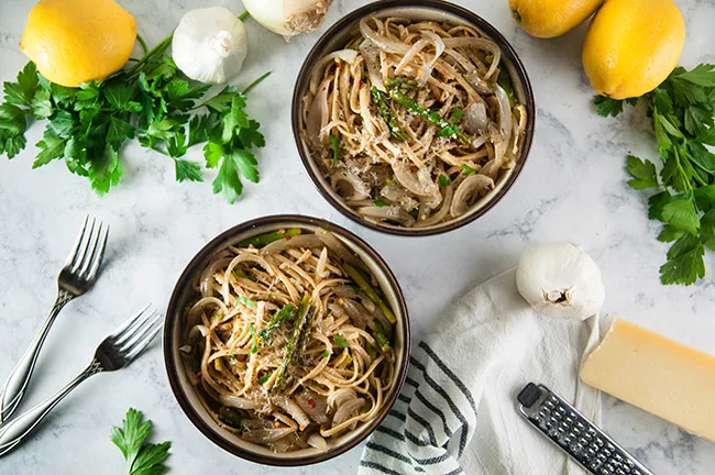 Caramelized Onion and Roasted Asparagus Pasta