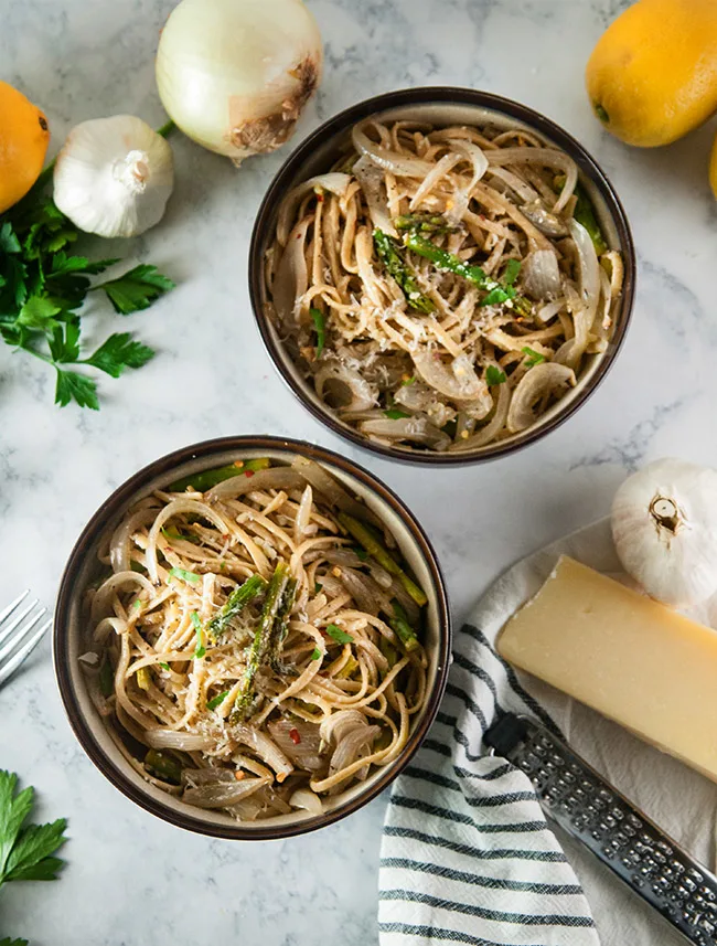 Caramelized Onion and Roasted Asparagus Pasta