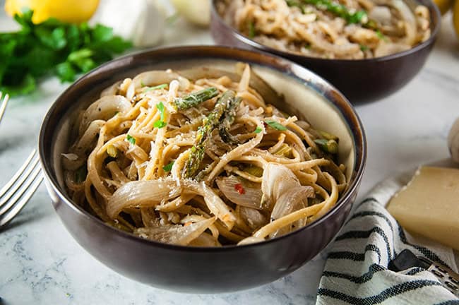 Caramelized Onion and Roasted Asparagus Pasta