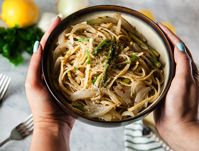 Caramelized Onion and Roasted Asparagus Pasta